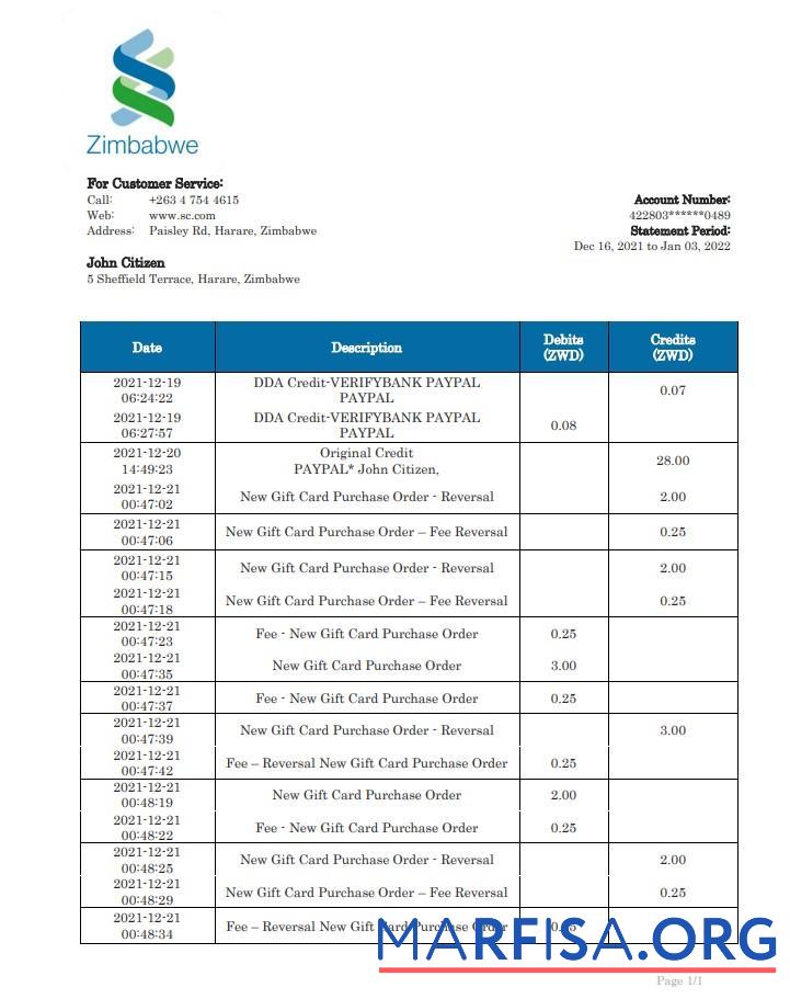 Blank Zimbabwe Standard Chartered bank statement word sample